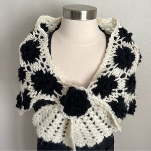 Handcraft Hand Knit Black White 3D Floral Cape